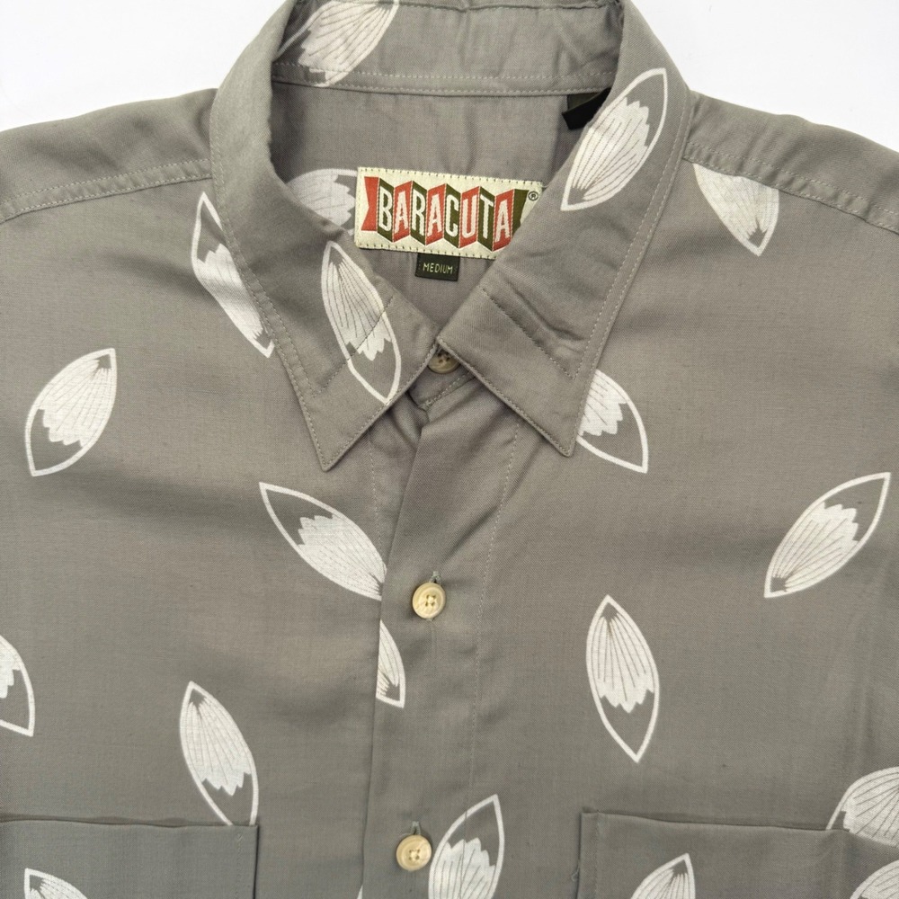 Baracuta Button Up Shirt Men Medium Grey BA-007 Short Sleeve Rayon Leaf Print